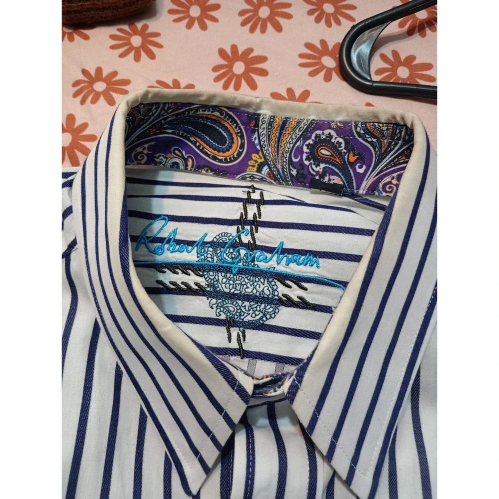 Robert Graham Mens Large Blue White Striped Paisley Button Down Shirt has stain